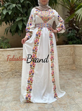 White Satin Flowy Thob Dress With Colorful Gorgeous Embroidery