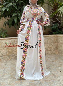 White Satin Flowy Thob Dress With Colorful Gorgeous Embroidery