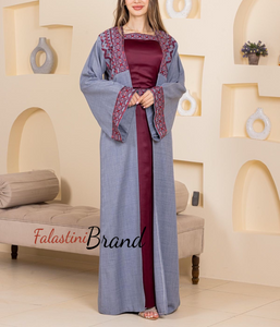 Gray and Burgundy 2 Pieces Abaya Set with Satin Inner Dress