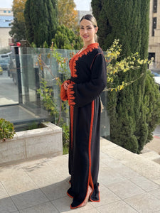 Elegant Crepe Caftan with Orange Zawak Embroidery