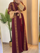 Karmel Burgundy Embroidered Thob Dress with Satin Sleeves Details