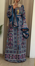 Durra Teal Navy Satin Elegant Wide Sleeves Full Embroidered Thob Dress