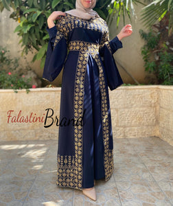 Navy Elegant Split Skirt Two Pieces Thob Dress with Golden Embroidery