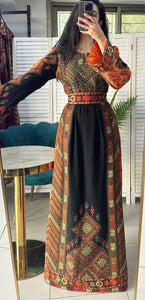 Black Palestinian Embroidered Thobe with Green and Orange Embroidery and Satin