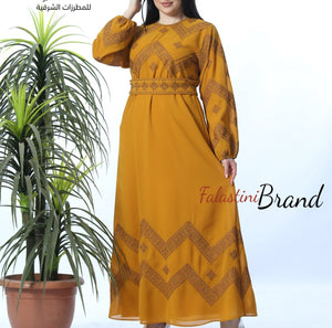 Stylish Mustard Thobe Embroidered Palestinian Dress