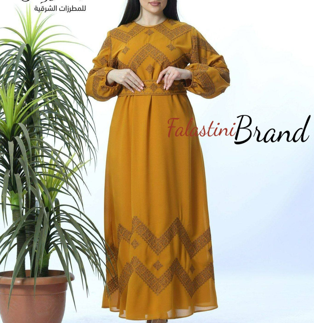 Stylish Mustard Thobe Embroidered Palestinian Dress