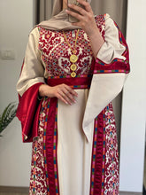 Rahaf Most Elegant Beige and Red Embroidered Thob with Satin and Manajil Details