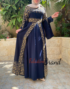 Navy Elegant Split Skirt Two Pieces Thob Dress with Golden Embroidery