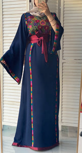 Elegant Navy Ward Thob With Manajil Details and Satin Belt