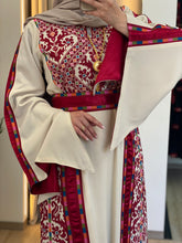 Rahaf Most Elegant Beige and Red Embroidered Thob with Satin and Manajil Details