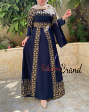 Navy Elegant Split Skirt Two Pieces Thob Dress with Golden Embroidery