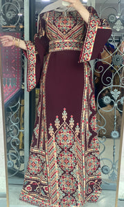 Magnificent Full of Details Burgundy Thob with Golden Embroidery