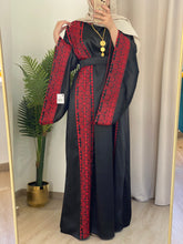 Black Satin Abaya Dress with Red Embroidery and Wide Sleeves