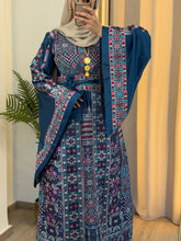 Durra Teal Navy Satin Elegant Wide Sleeves Full Embroidered Thob Dress