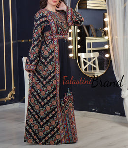 Amazing Dark Navy Multi Color Palestinian Embroidered Thobe Dress With Astonishing Embroidery