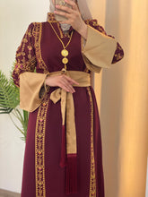 Karmel Burgundy Embroidered Thob Dress with Satin Sleeves Details