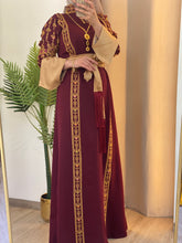 Karmel Burgundy Embroidered Thob Dress with Satin Sleeves Details