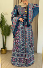 Durra Teal Navy Satin Elegant Wide Sleeves Full Embroidered Thob Dress