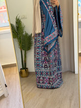 Durra Teal Navy Satin Elegant Wide Sleeves Full Embroidered Thob Dress