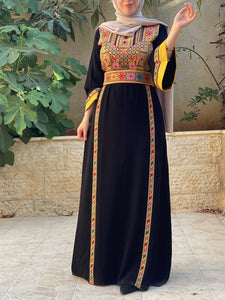 Simple and Golden Black and Red Embroidery Thob with Satin Cuffs Details