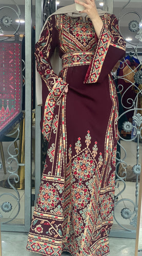 Magnificent Full of Details Burgundy Thob with Golden Embroidery