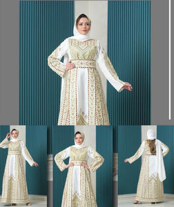 Fabulous Palestinian Embroidered White Thobe Dress with Gold Densed Amazing Embroidery