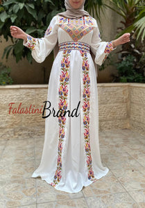 White Satin Flowy Thob Dress With Colorful Gorgeous Embroidery