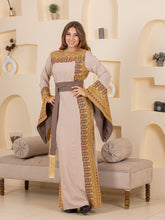 Hooraya Beige and Grey Thob Dress with Golden Embroidery