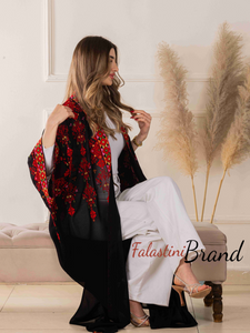 Black Diamond with Red Embroidery Open Abaya/Bisht