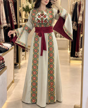Haya Beige Dress and Abaya Set with Palestinian Floral Embroidery