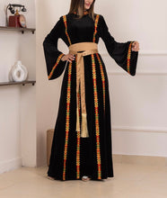 Black Velvet Elegance Stripes Embroidered Dress with Satin Belt