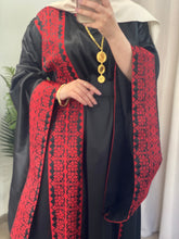 Black Satin Abaya Dress with Red Embroidery and Wide Sleeves