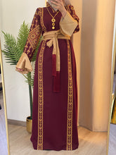 Karmel Burgundy Embroidered Thob Dress with Satin Sleeves Details