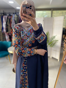 Elegant V1 Navy Shoulder Details Embroidered Dress