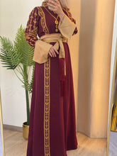 Karmel Burgundy Embroidered Thob Dress with Satin Sleeves Details