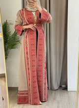 Elegant Palestinian Beige Chiffon Embroidered Open Abaya Kaftan Long Sleeve With Stylish Embroidery