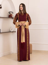 Karmel Burgundy Embroidered Thob Dress with Satin Sleeves Details