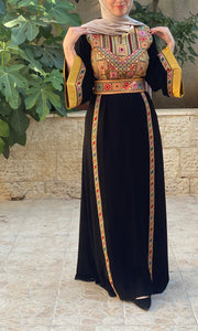 Simple and Golden Black and Red Embroidery Thob with Satin Cuffs Details