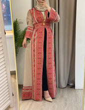 Elegant Palestinian Beige Chiffon Embroidered Open Abaya Kaftan Long Sleeve With Stylish Embroidery