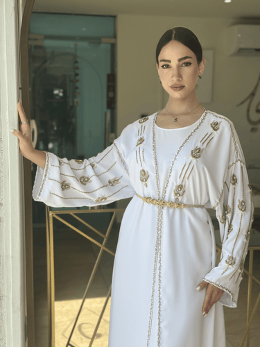 Elegant White Handmade Moroccan Open-Front Djellaba with Belt