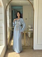 Gorgeous Handmade Long Sleeve Dress with Open Front Silk Abaya Adorned with Gold Foil Patterns (Thleija)