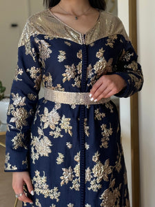 Navy Blue Brocade Caftan with Golden Floral Designs