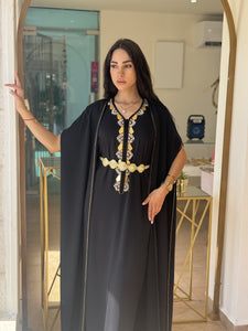 Elegant Black Sleeveless Handmade Moroccan Belted Caftan with Cape