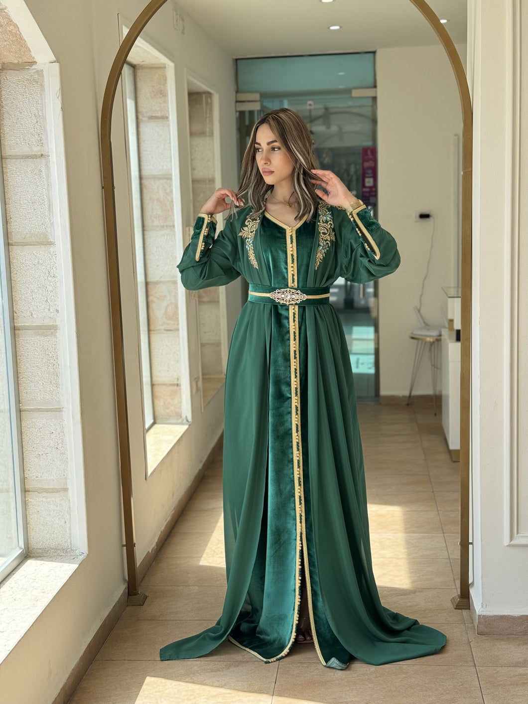 Luxurious Silk Velvet Green Caftan with Elegant Chiffon Cape