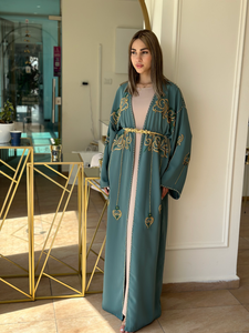 Elegant Mint Green Handmade Moroccan Open-Front Djellaba with Belt