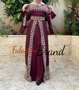 Burgundy Elegant Split Skirt Two Pieces Thob Dress with Golden Embroidery