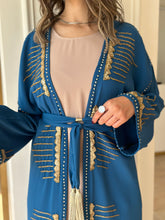 Elegant Teal Blue Handmade Moroccan Open-Front Djellaba with Belt