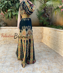 Amazing Dark Green Palestinian Thobe Dress With Astonishing Golden Embroidery And Satin Details