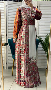 Very Unique White Palestinian Embroidered Dress with Satin and Manajil and Qasab Embroidery Details