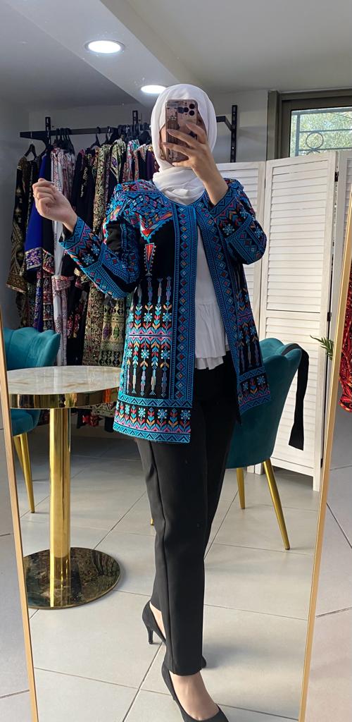 Elegant Palestinian Black And Blue Embroidered Jacket